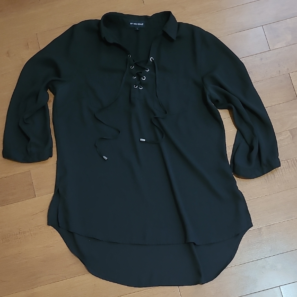 My Michelle Black 3/4 Sleeve Tie Front Polo Blouse